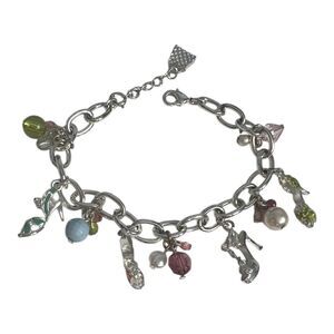 Handbag & High Heel Shoes Charm Bracelet, Silver Tone Beads Lobster Claw Chain